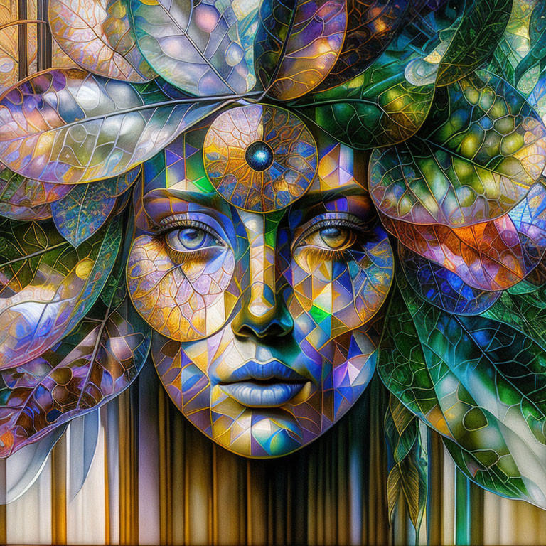 Colorful mosaic artwork of woman's face with leaf patterns and gem.