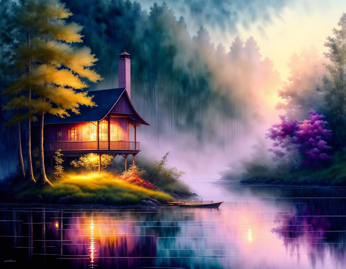 Tranquil lakeside dusk scene with cozy cabin, colorful trees, mist, and calm water