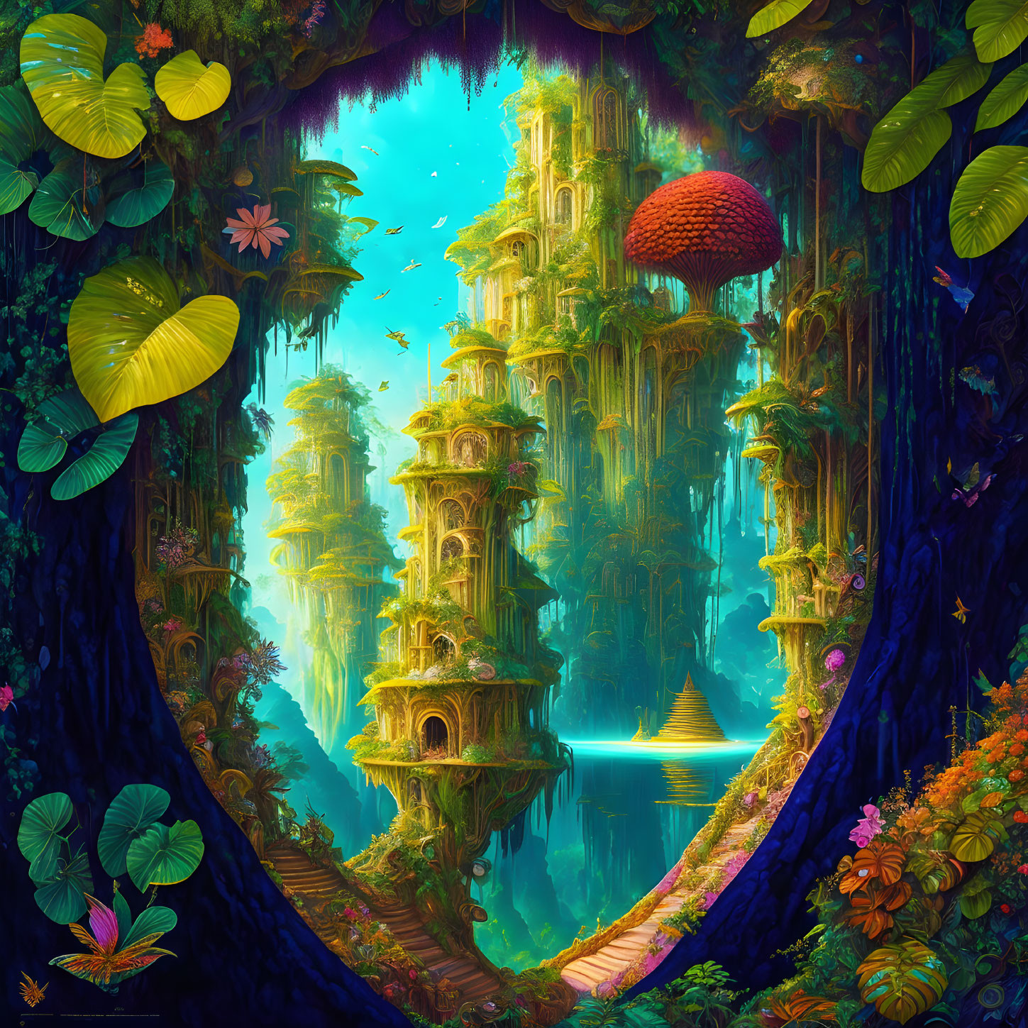 Fantastical jungle scene with ancient tree-like structures and glowing water.