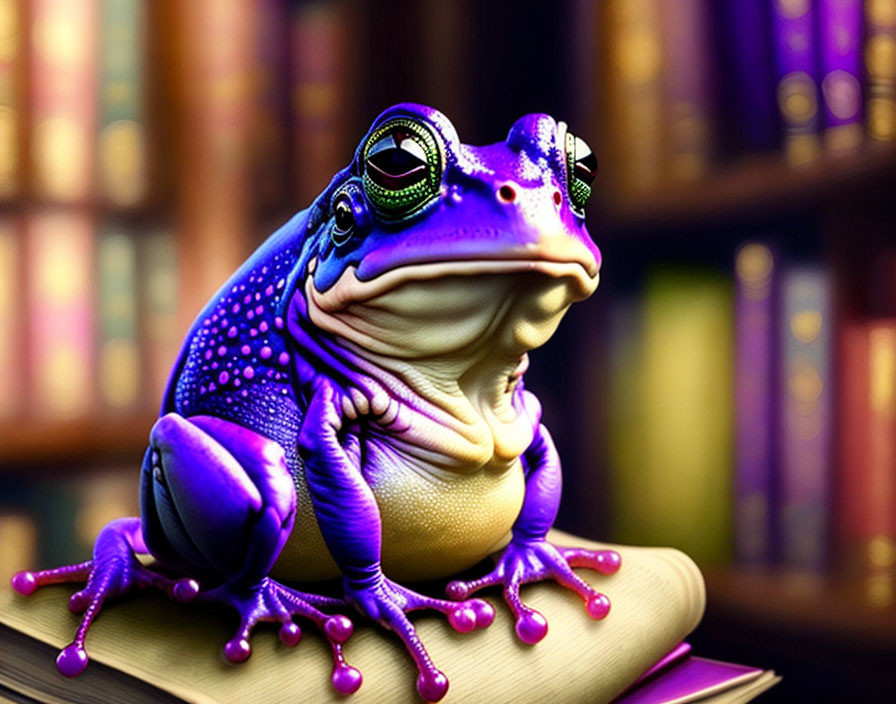 Colorful Illustration: Purple Frog on Book with Bookshelves