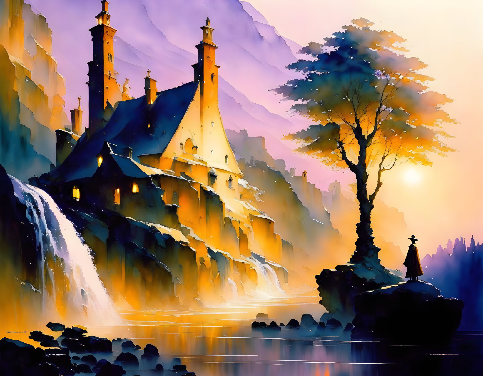 Fantasy artwork of castle, waterfalls, sunset, and solitary figure