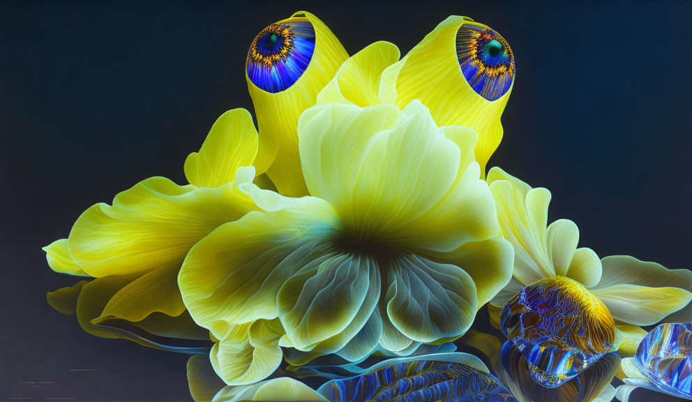 Translucent Yellow Flower with Peacock Feather Eyes on Dark Background