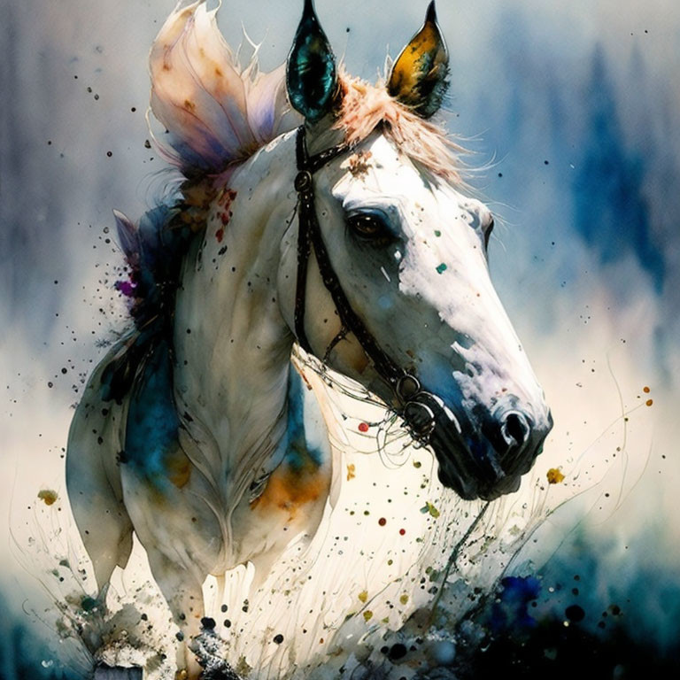 Vibrant white horse painting with colorful splashes on dreamy background