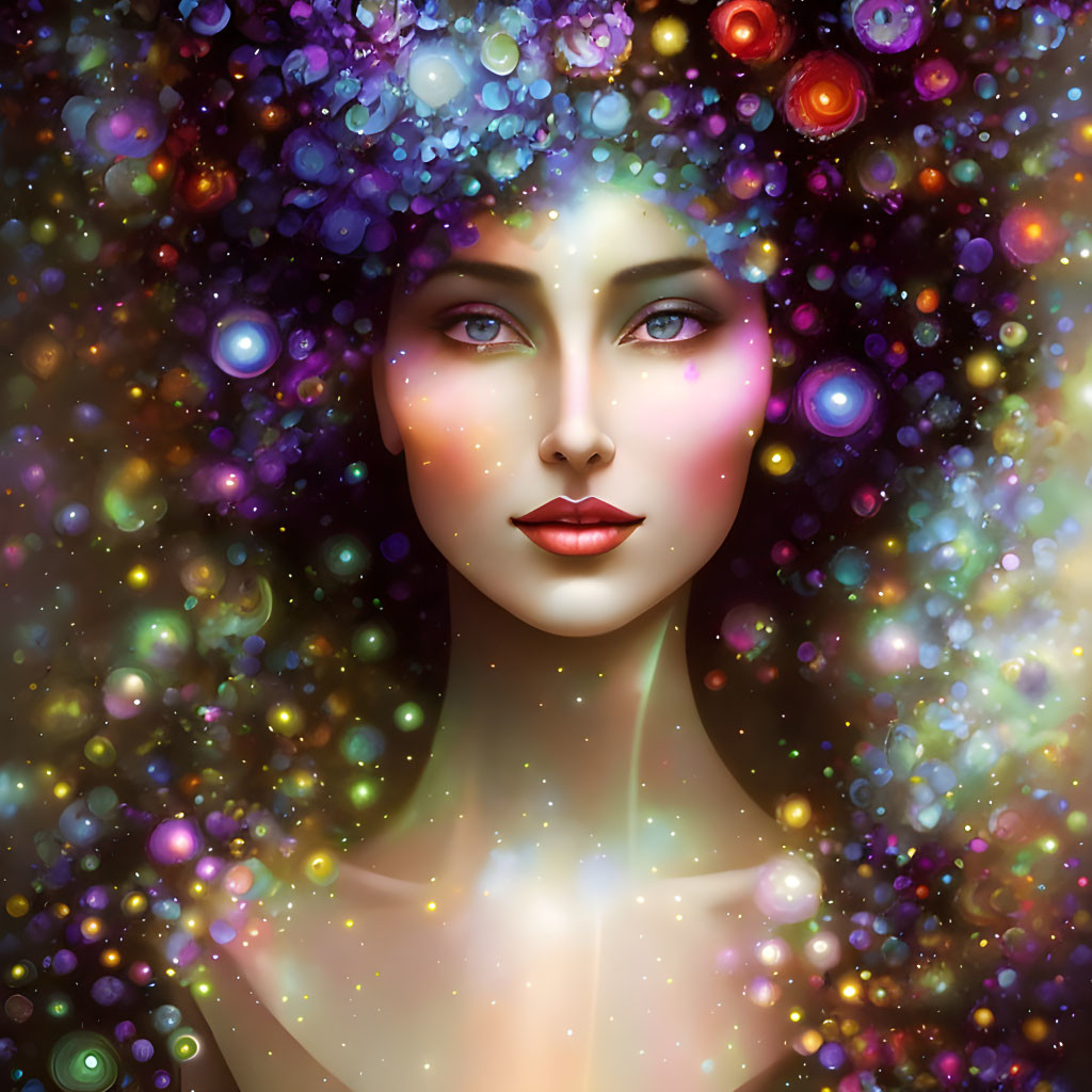 Cosmic-themed female portrait with vibrant colors and sparkles