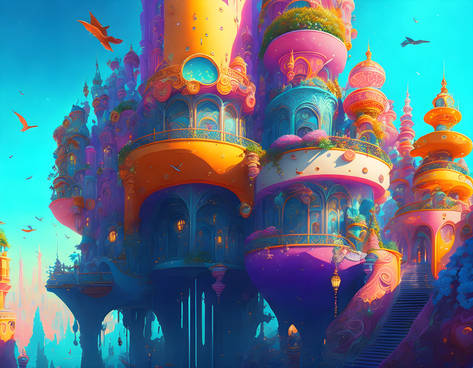 Colorful fantasy cityscape with whimsical buildings and flying fish in serene waters