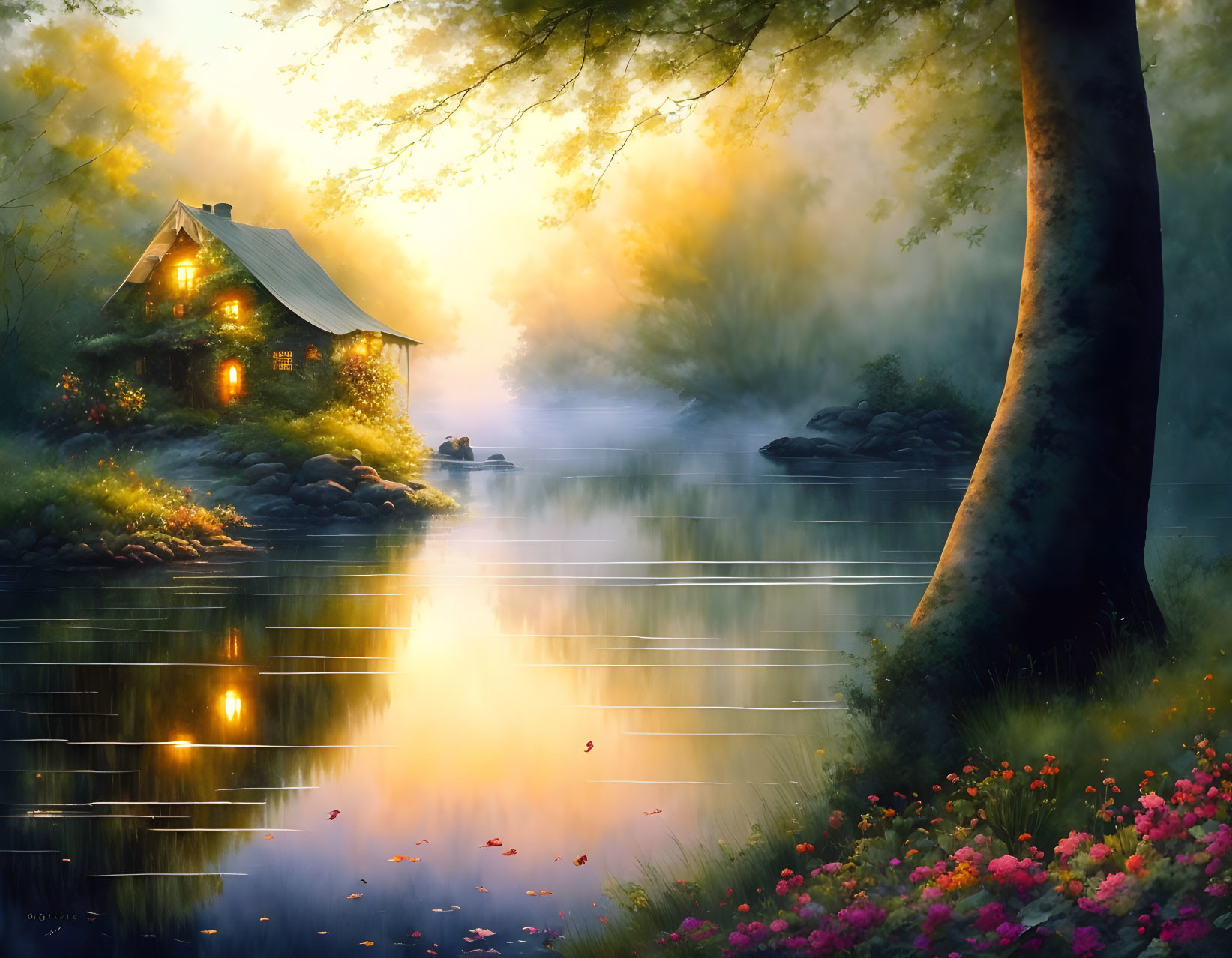 Cottage by Misty Lake at Dawn/Dusk with Warm Light and Lush Surroundings