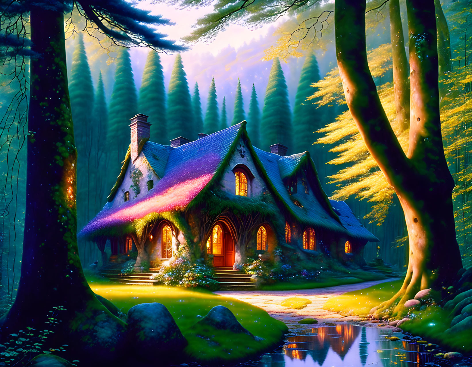 Enchanting cottage in vibrant forest glade with glowing windows and ivy-covered walls at twilight