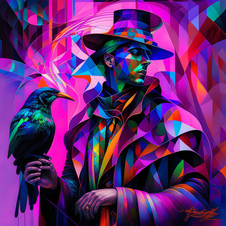 Colorful Portrait with Wide-Brimmed Hat and Raven on Abstract Background