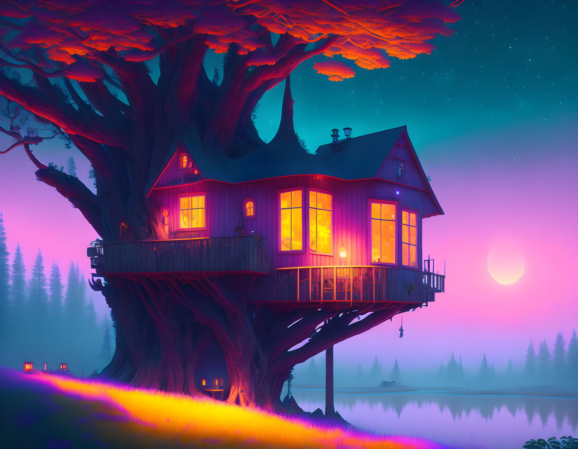 Colorful Treehouse Scene at Twilight Lake