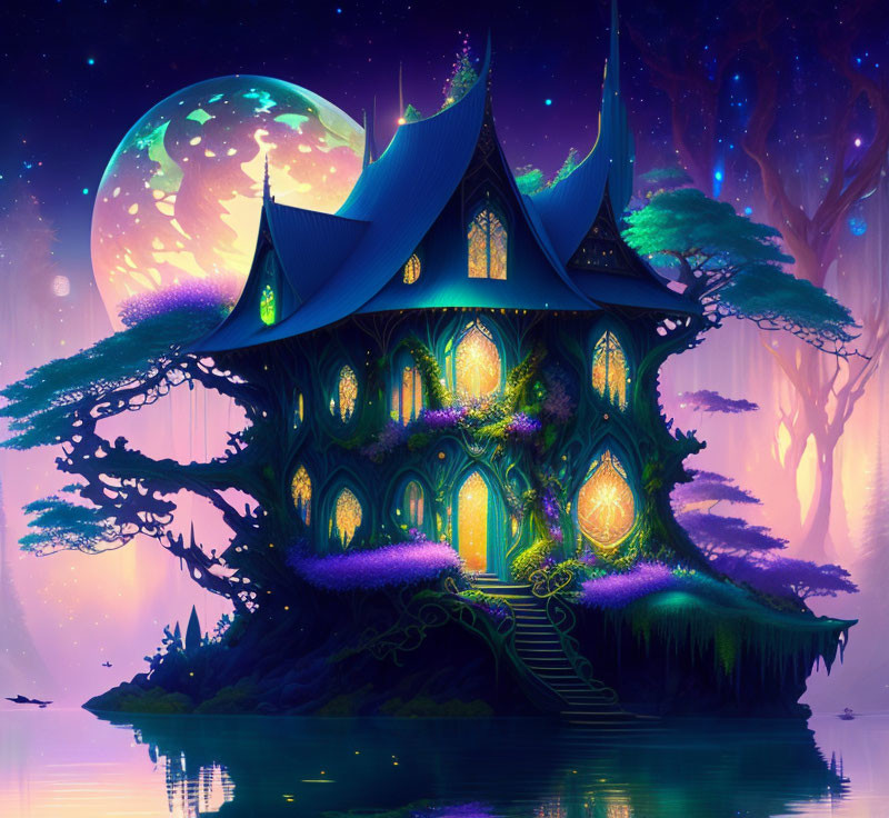 Fantastical glowing treehouse by tranquil lake under large moon