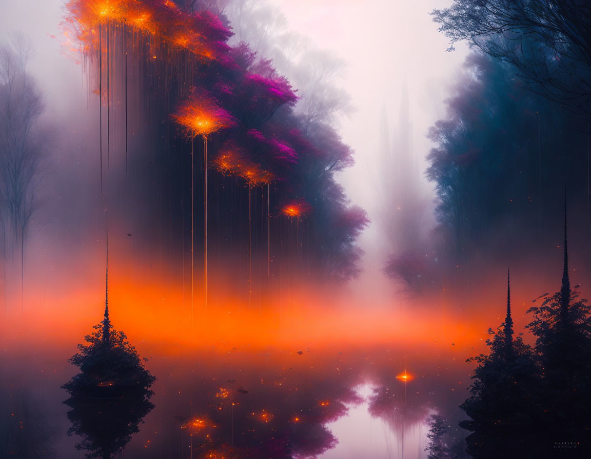 Enchanting forest scene with reflective water, fog, lights, and colorful foliage