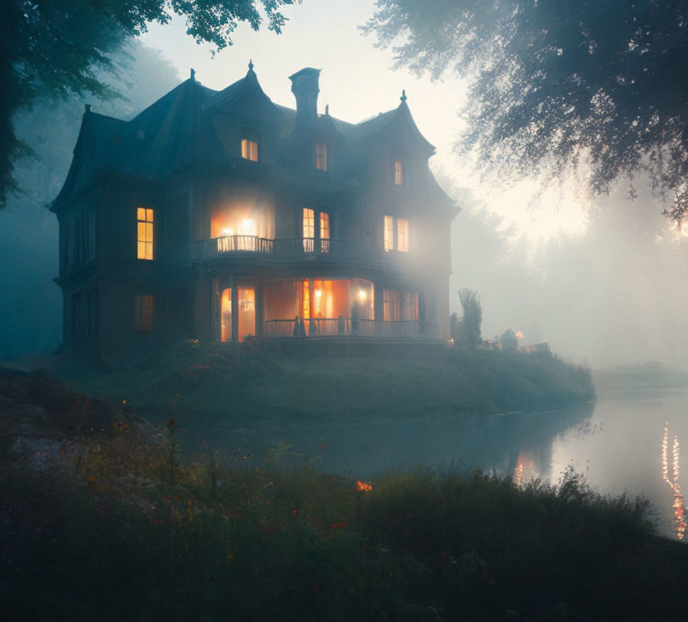 Misty twilight scene: large illuminated house by lake, fog, trees