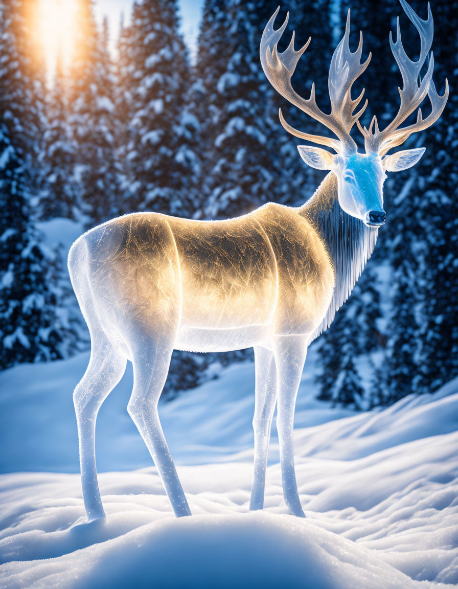 Translucent stag with antlers in snowy forest illuminated by soft light