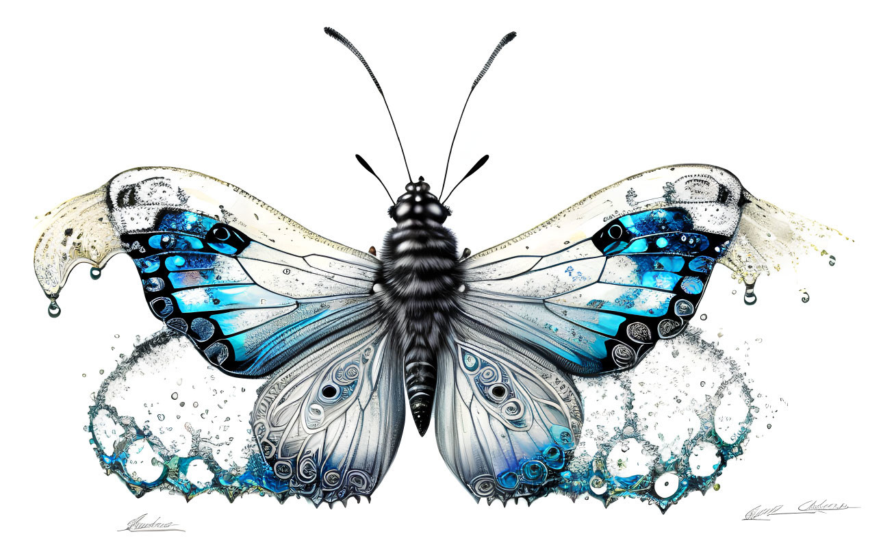 Detailed butterfly illustration with vibrant blue and white wings and watercolor effects