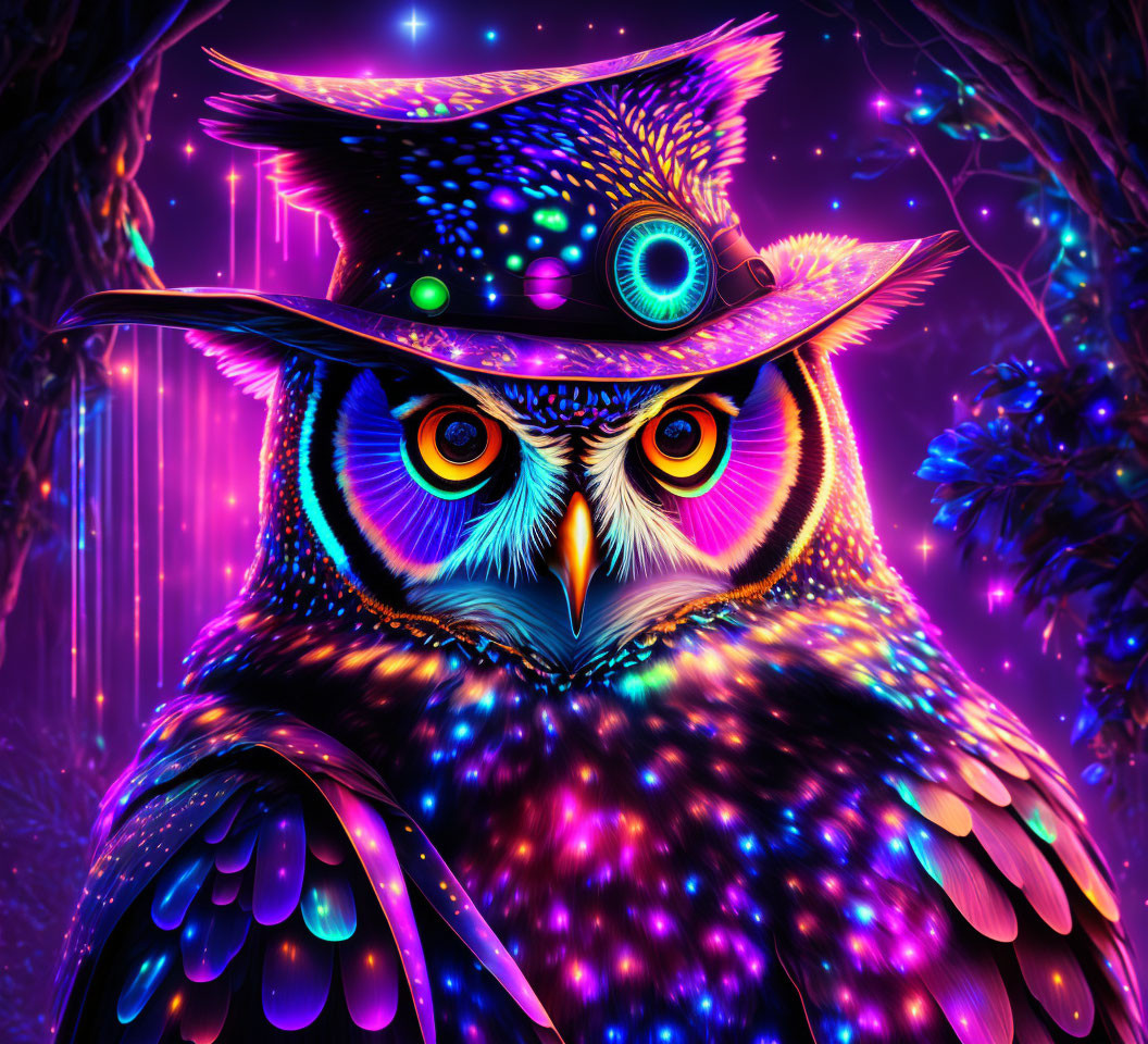 Colorful Owl Artwork with Whimsical Hat in Psychedelic Forest