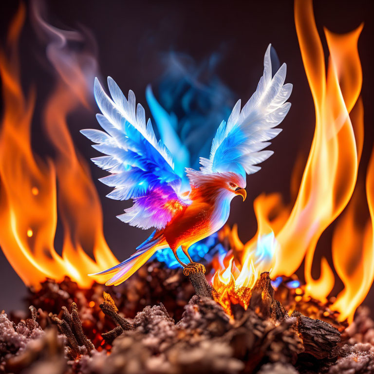 Colorful Phoenix Rising from Flames Symbolizing Rebirth