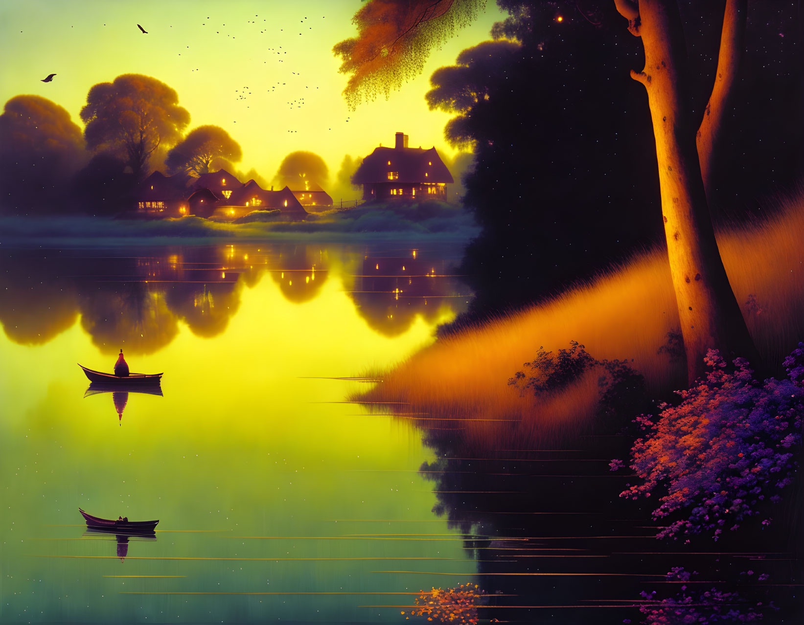 Tranquil twilight lake scene with rower, lit cottages, starry sky