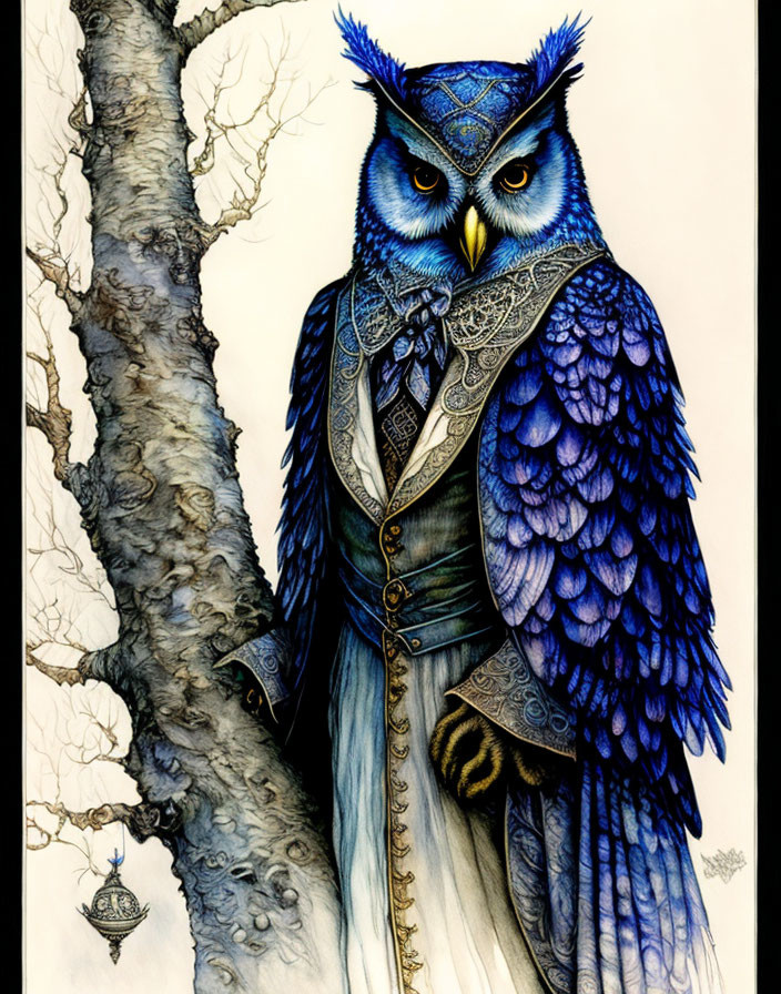 Illustrated Owl in Top Hat and Suit with Tree and Pocket Watch Theme