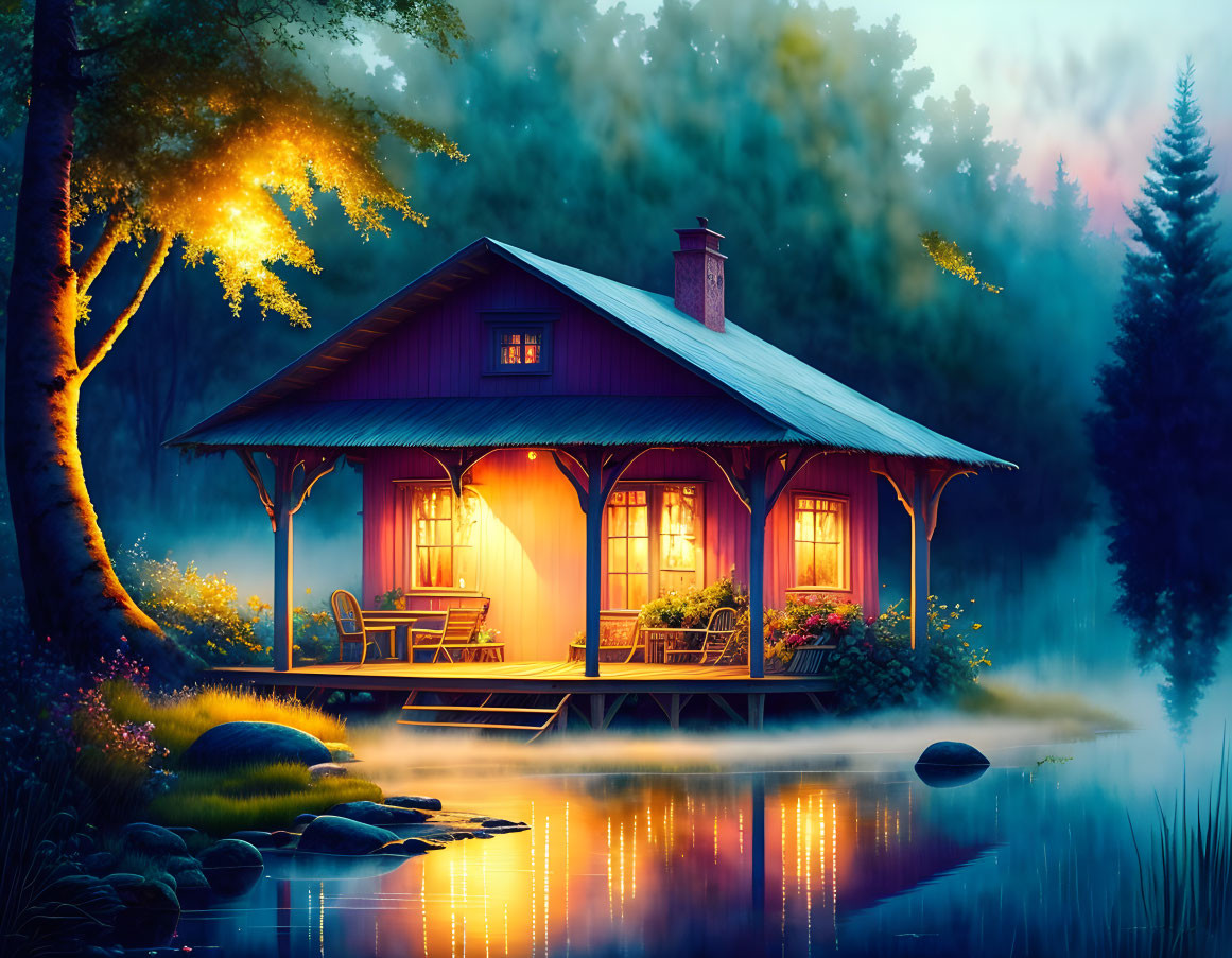 Tranquil lakeside cabin at twilight with misty water