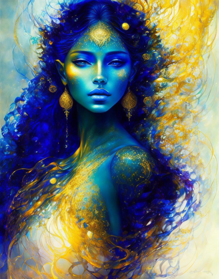 Vibrant portrait of a woman with blue skin and curly blue-gold hair