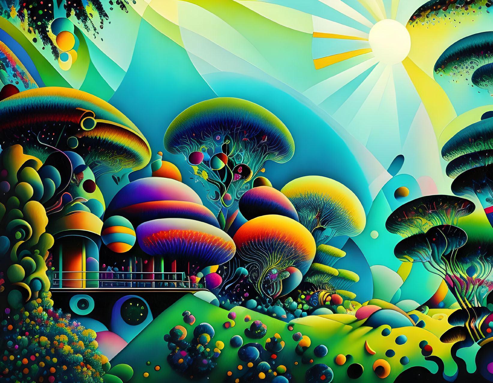 Colorful Psychedelic Mushroom Landscape with Bright Sun and Balcony