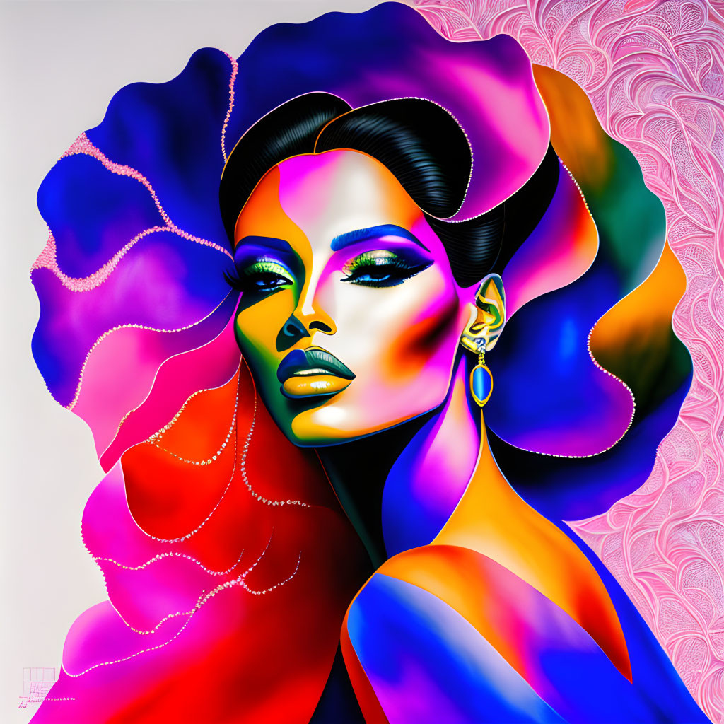 Colorful makeup and elaborate hairstyle illustration on patterned background