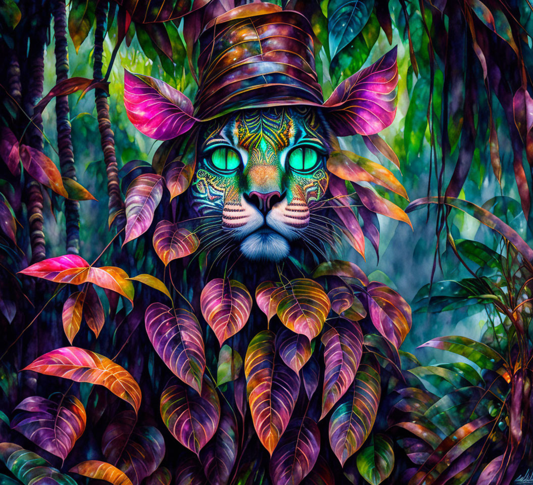 Colorful Jungle Scene: Cat with Human-Like Eyes and Top Hat surrounded by Vibrant Foli