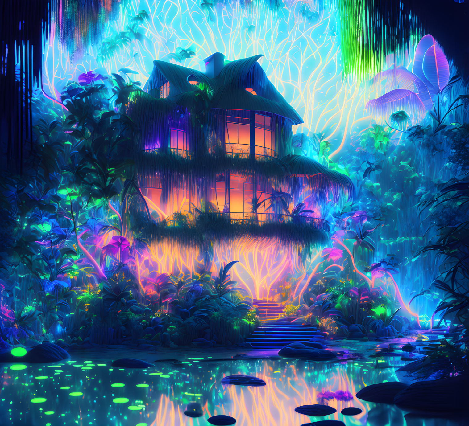 Neon-lit fantasy house in exotic jungle with glowing plants