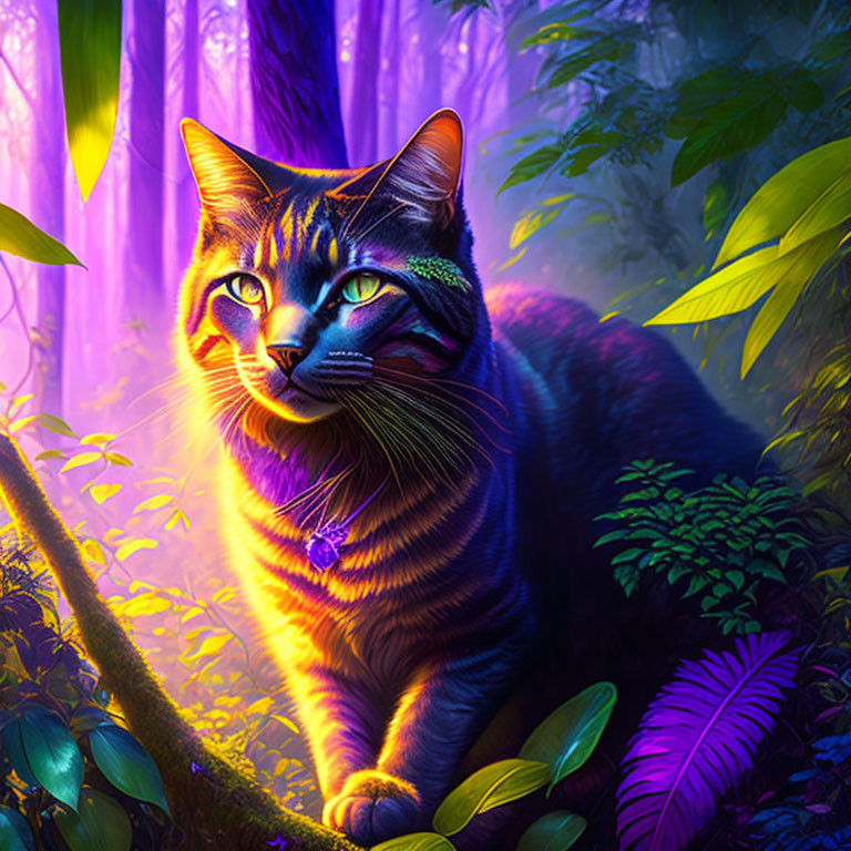 Colorful mystical cat with striking patterns in luminous purple jungle