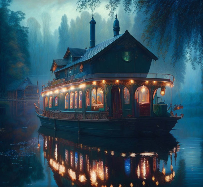 Ornate houseboat on tranquil river at twilight