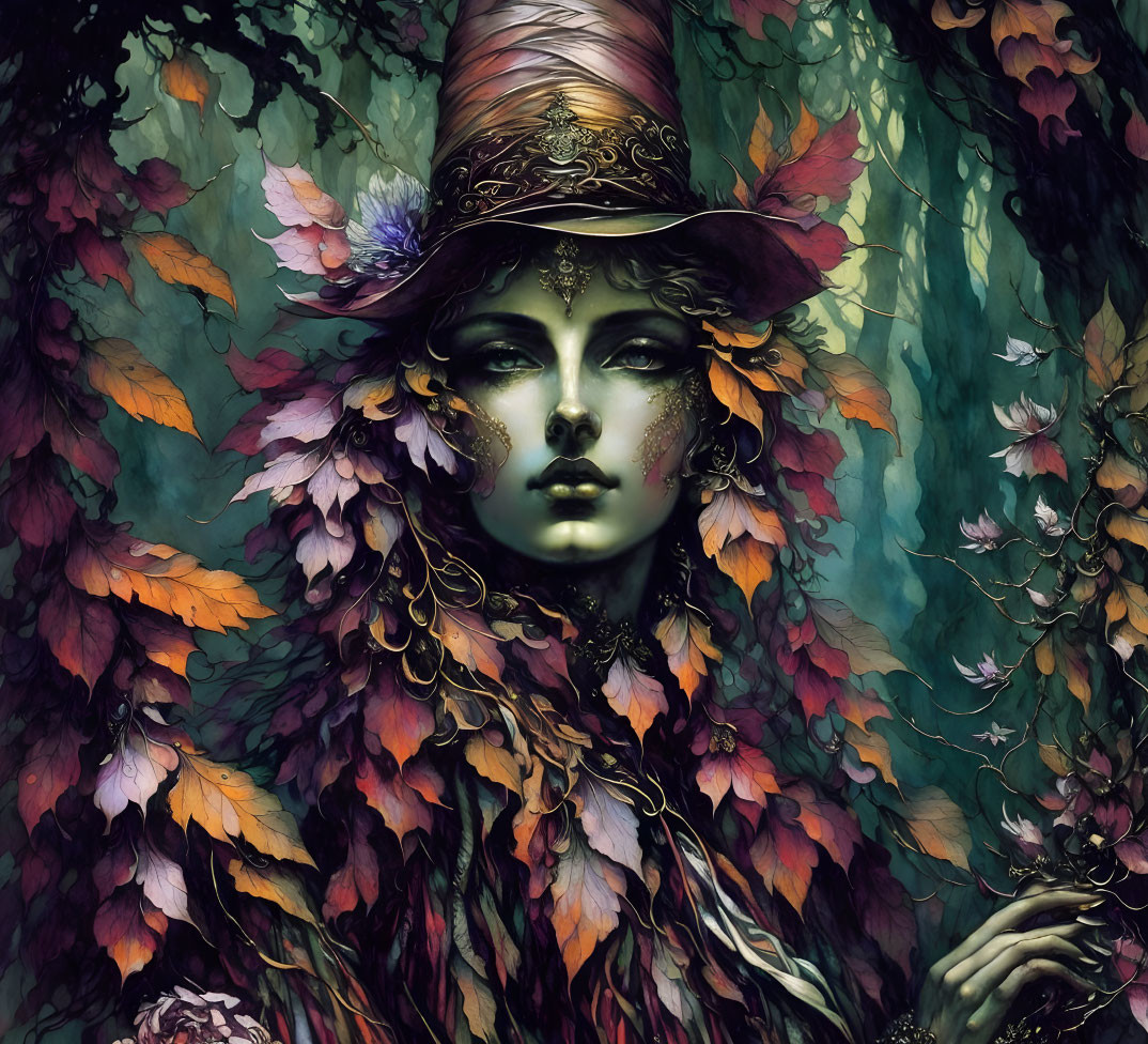 Fantastical portrait of person with green skin, ornate hat, autumn leaves cloak, floral backdrop