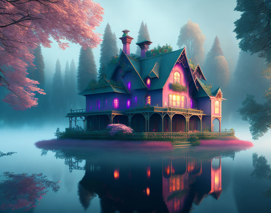 Victorian-style house in foggy forest with vibrant colors and water reflection