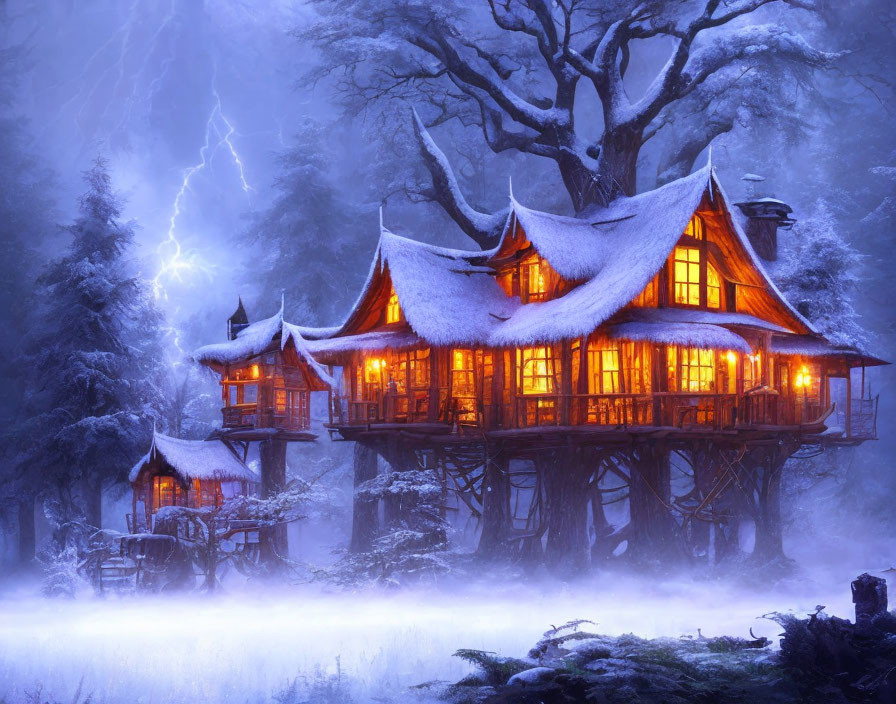 Cozy wooden house on stilts in snowy landscape with lightning