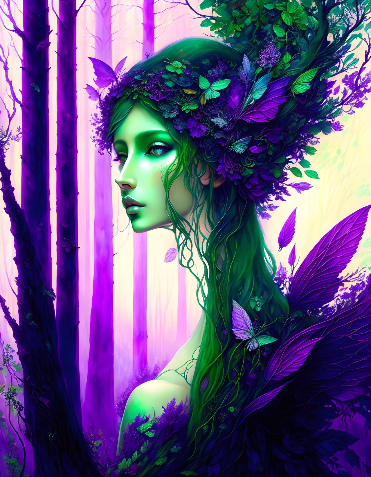 Fantasy illustration of green-skinned woman in nature setting