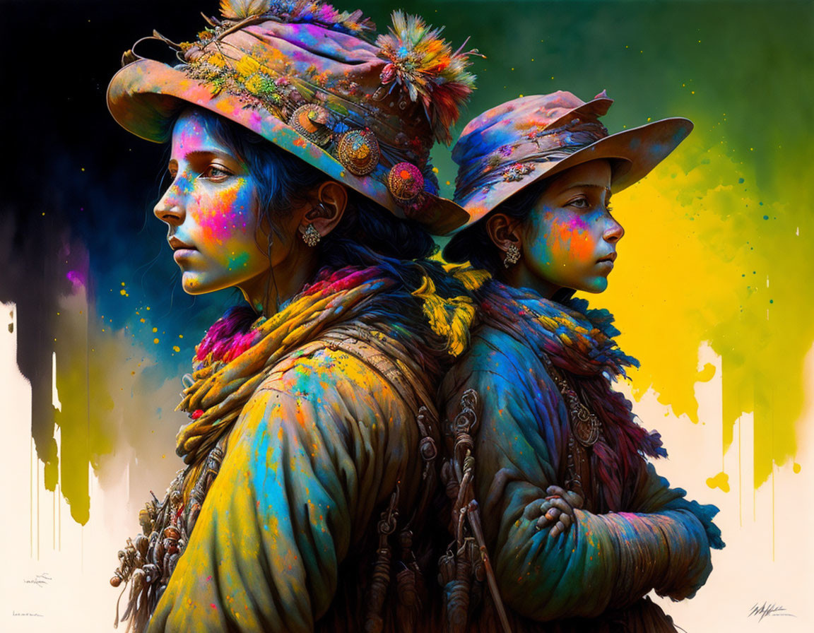 Colorfully Painted Individuals in Adorned Hats and Layered Clothing Back-to-Back