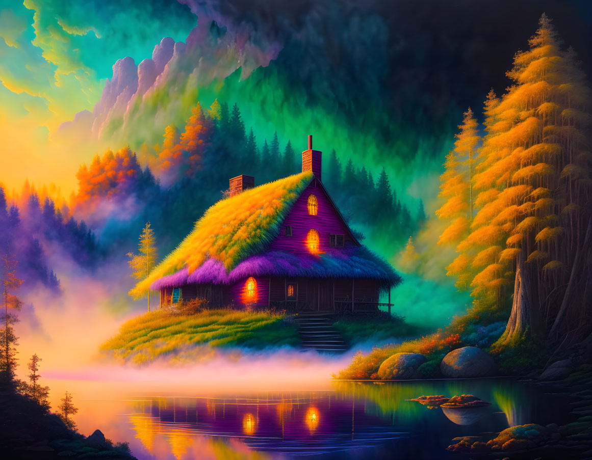 Cozy cottage with glowing chimney in misty forest by calm lake at dusk