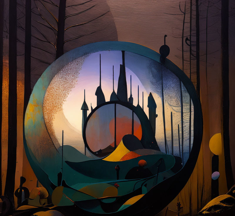 Surreal circular frame cityscape painting at twilight