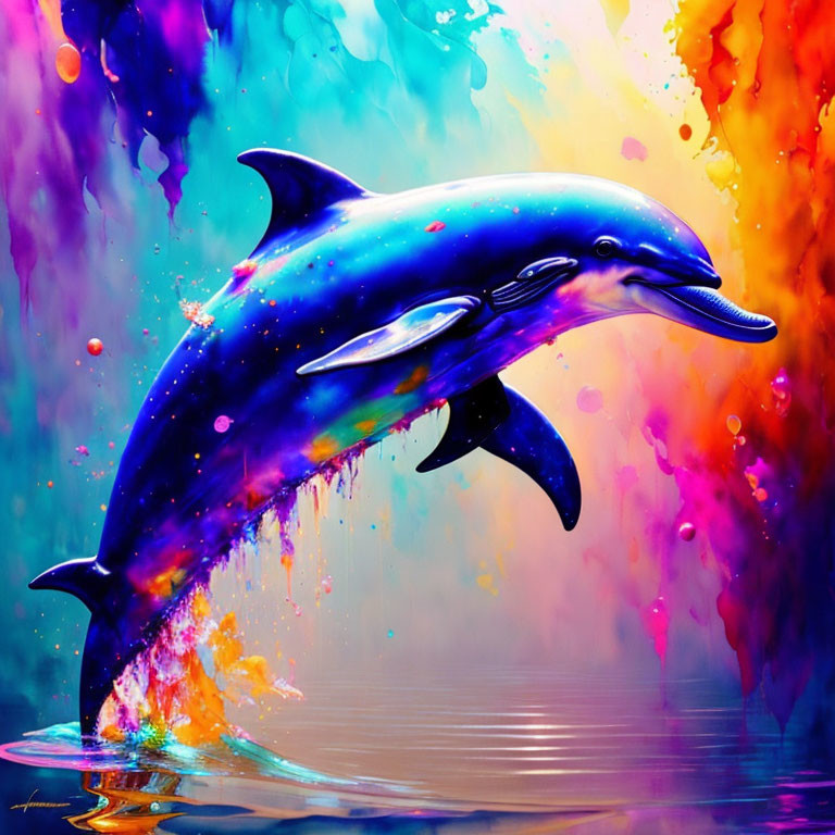 Colorful Dolphin Artwork with Cosmic Pattern Leaping from Water