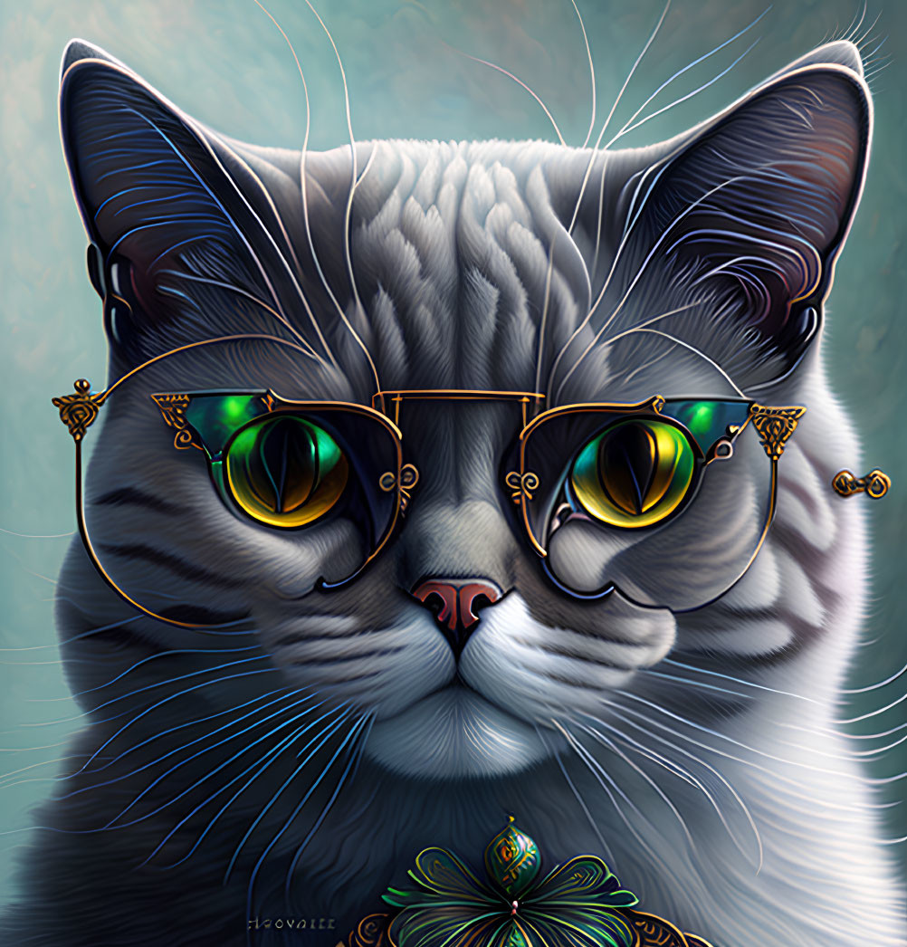 Detailed whimsical cat with green eyes in gold-rimmed glasses and pendant on teal background