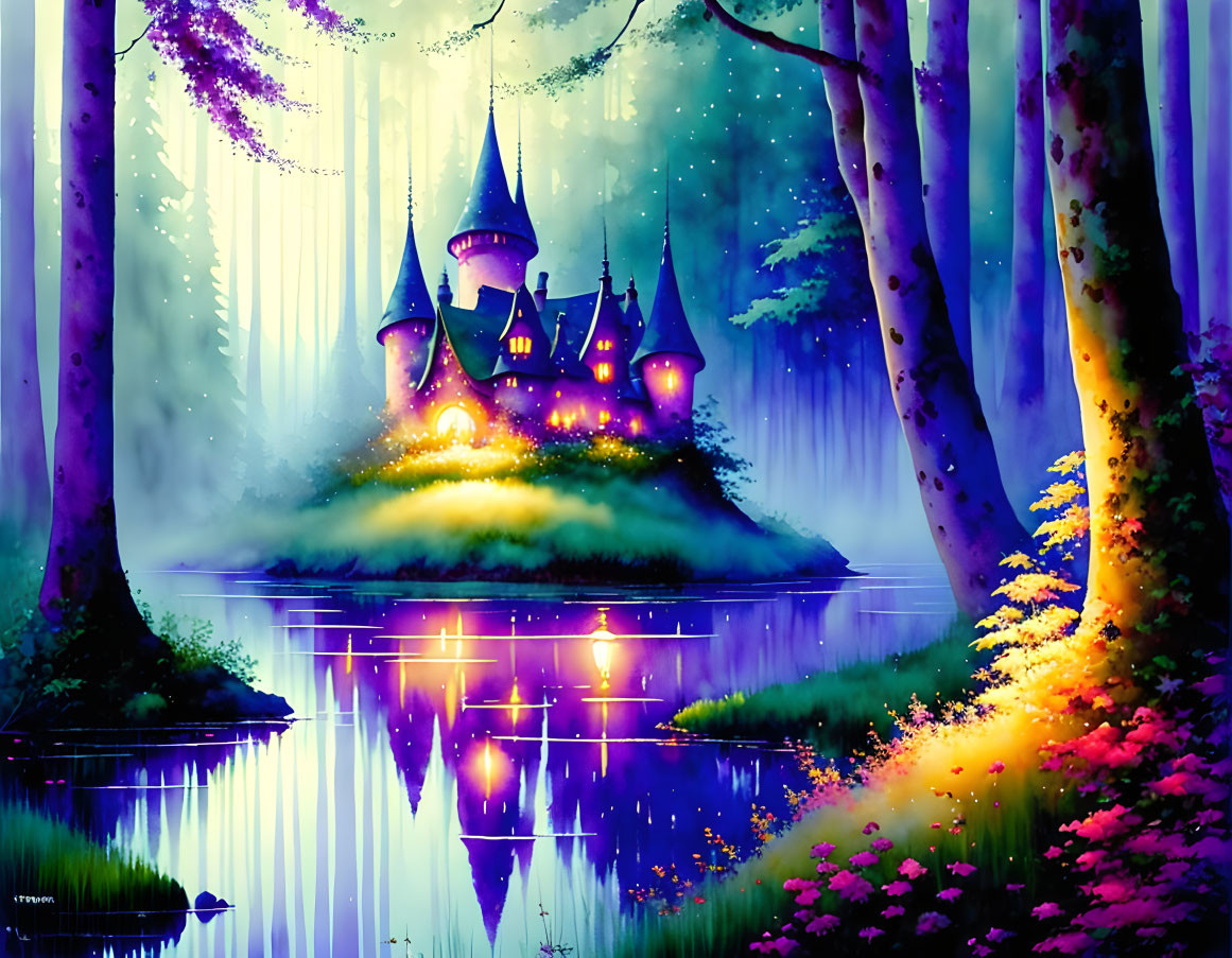 Majestic castle on misty island with serene lake and radiant flowers