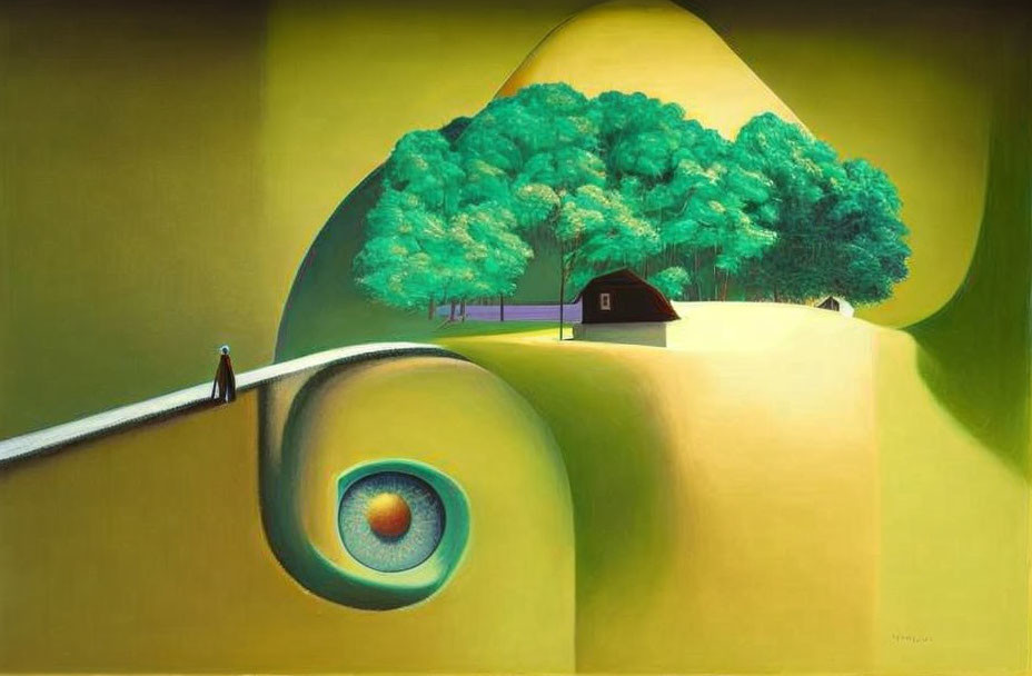 Surreal landscape painting with small house, person on path, and integrated eye