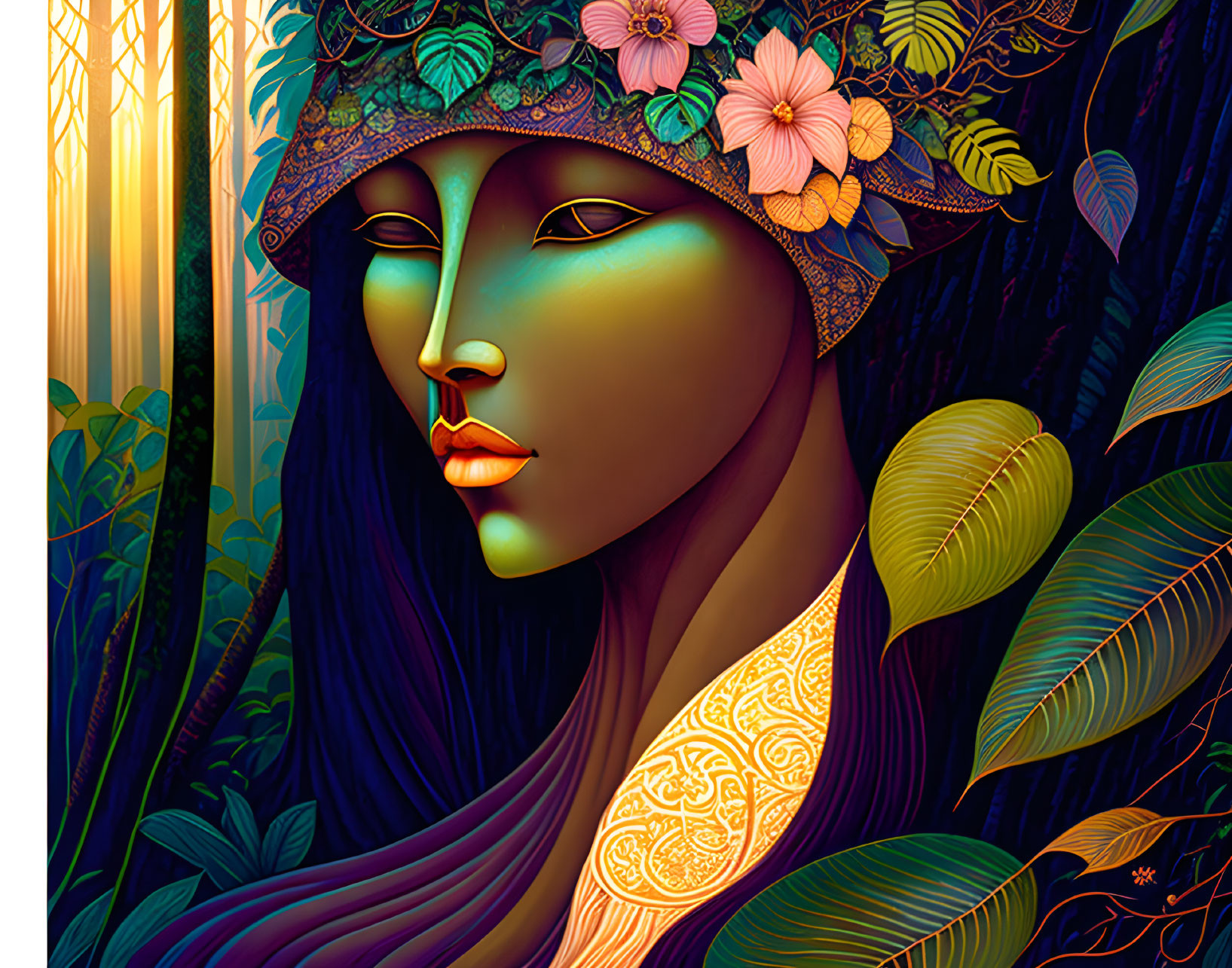 Detailed artwork of woman with plant features and floral hat in lush setting