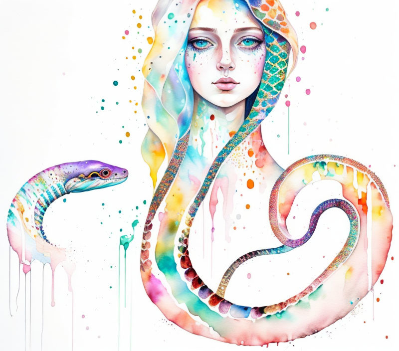 Colorful Watercolor Illustration of Woman with Vibrant Snake Patterns