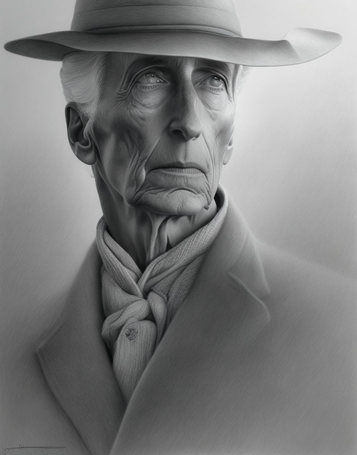 Monochromatic illustration of elderly man in hat and overcoat