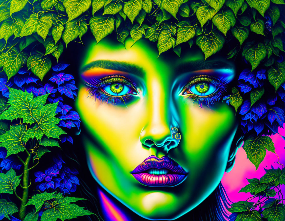 Colorful digital artwork of a woman's face in nature setting