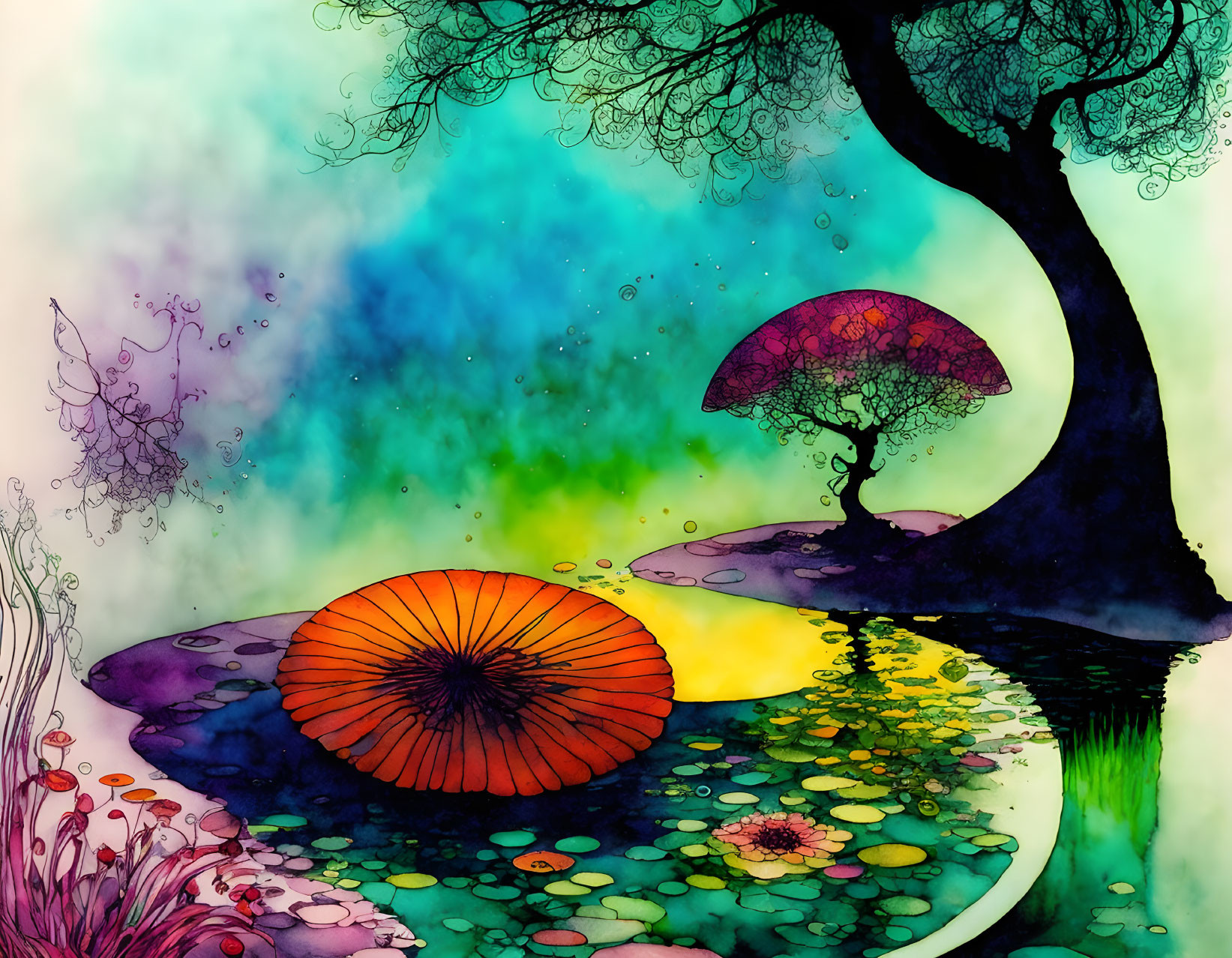 Colorful Watercolor Illustration of Tree, Mushroom, and Pond