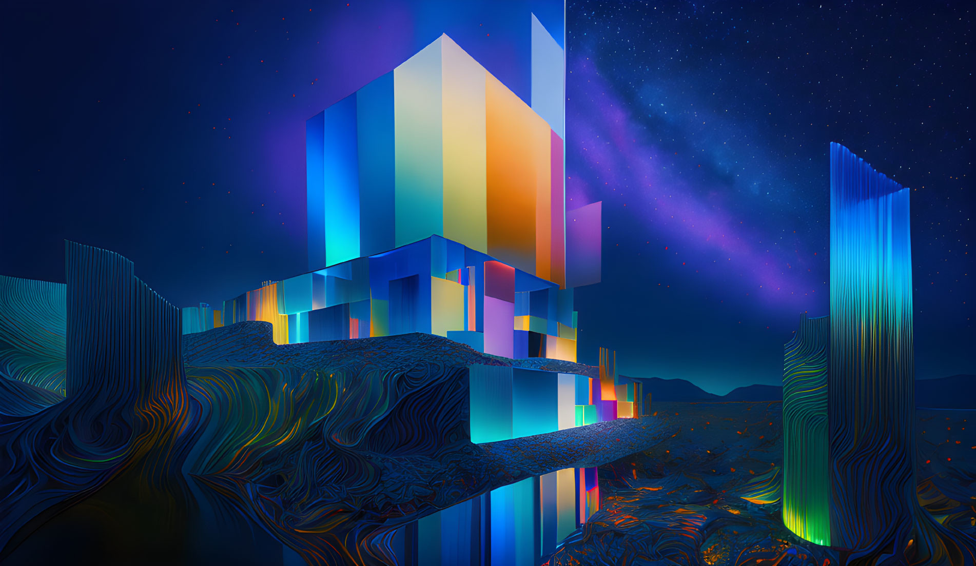 Colorful Abstract Night Landscape with Geometric Structure and Starry Sky