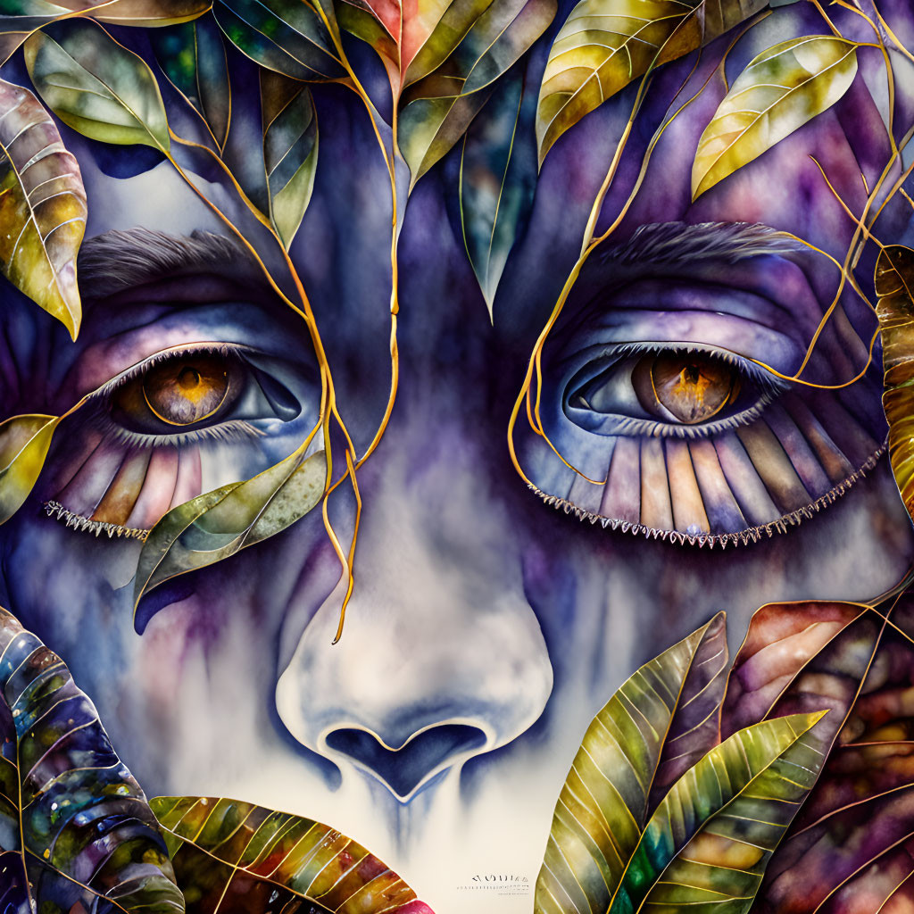 Multicolored leaves veil eyes in art piece on purple background