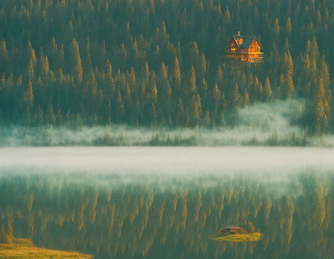 House on forested hill with mist, reflected in lake at sunrise