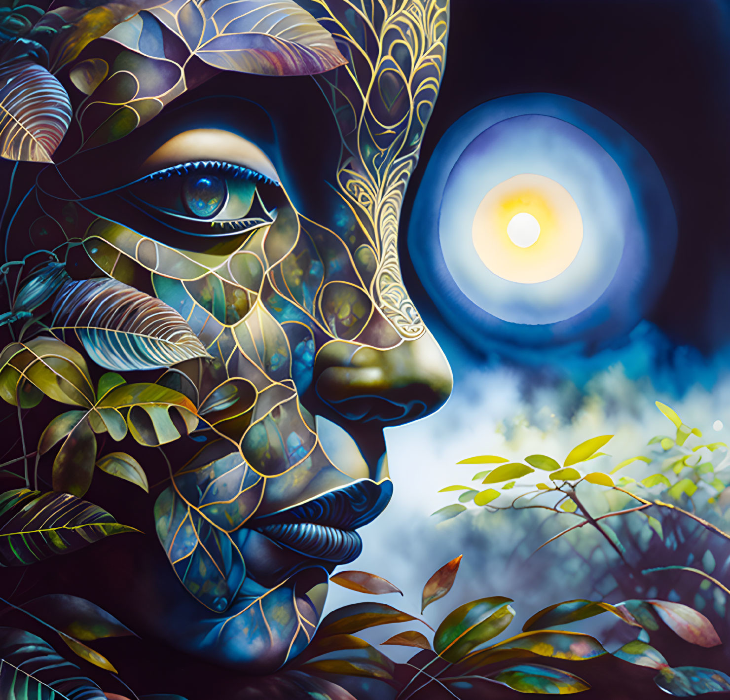 Colorful woman's face hidden in leaf patterns under moonlit sky